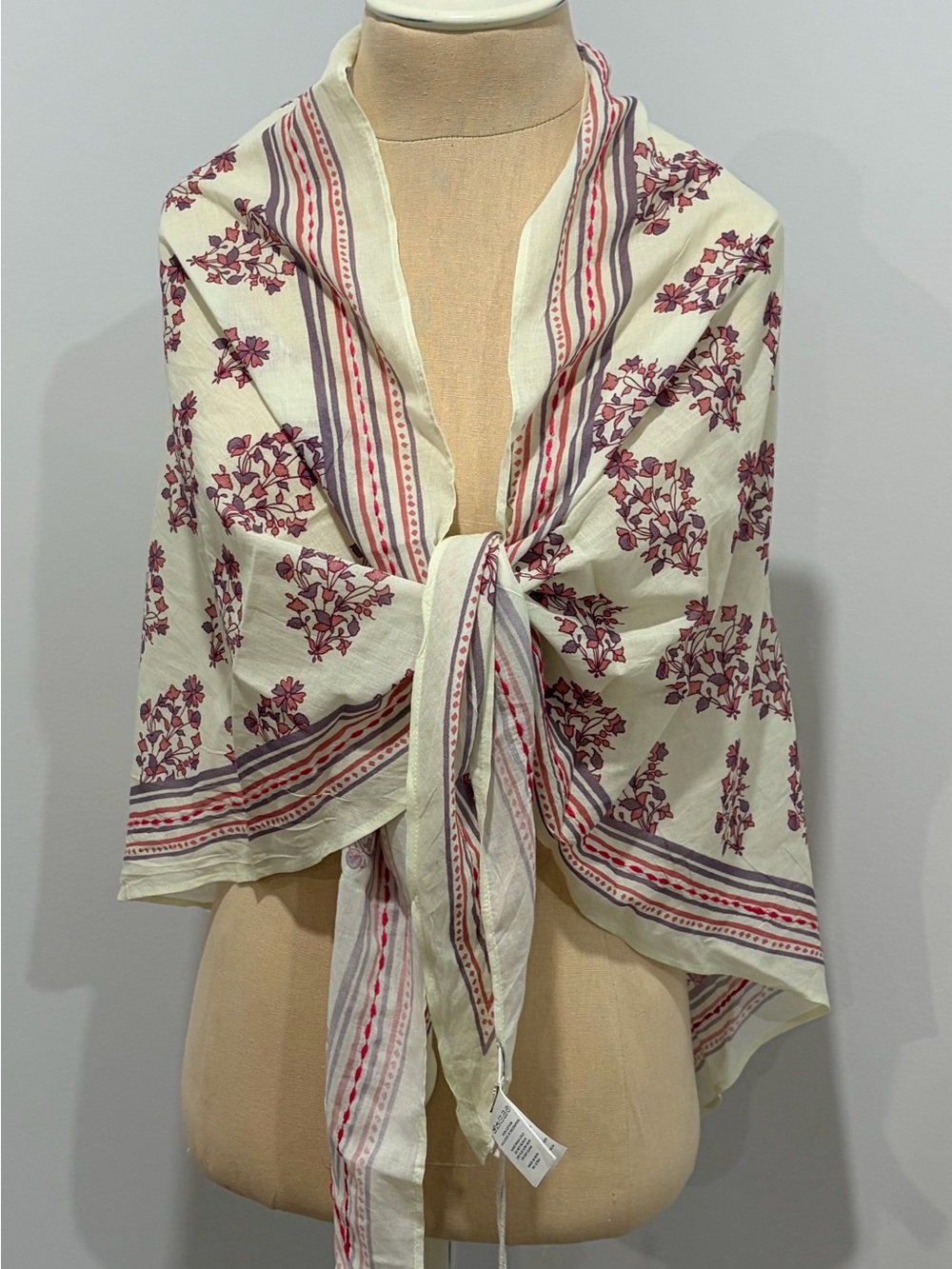 NWT JOIE Soft Cotton White Pink Floral Boho 66" L x 35"W Triangle Scarf India